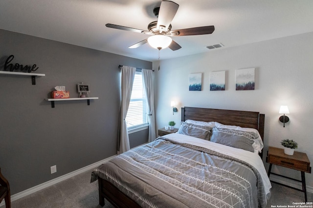 bedroom with ceiling fan and carpet flooring