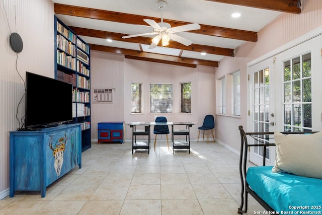 living room with french doors, vaulted ceiling with beams, ceiling fan, and light tile patterned flooring