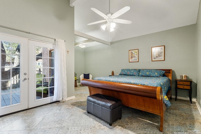 bedroom featuring access to exterior, french doors, vaulted ceiling, and ceiling fan