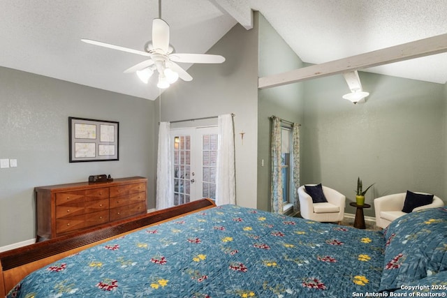 bedroom featuring access to exterior, ceiling fan, french doors, high vaulted ceiling, and hardwood / wood-style floors