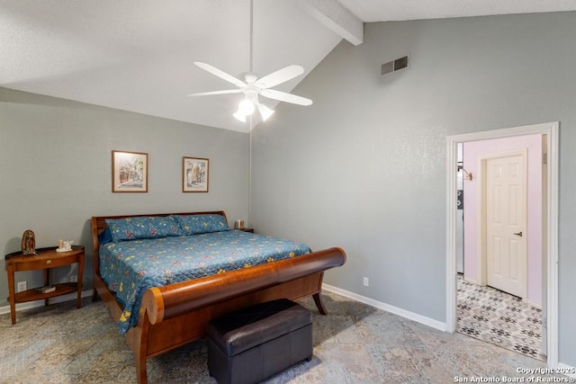 bedroom with beamed ceiling, high vaulted ceiling, and ceiling fan