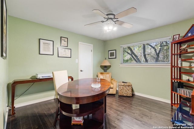 dining space with ceiling fan and dark wood-type flooring