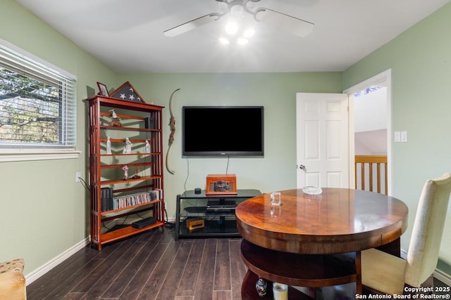 dining room with ceiling fan and dark wood-type flooring