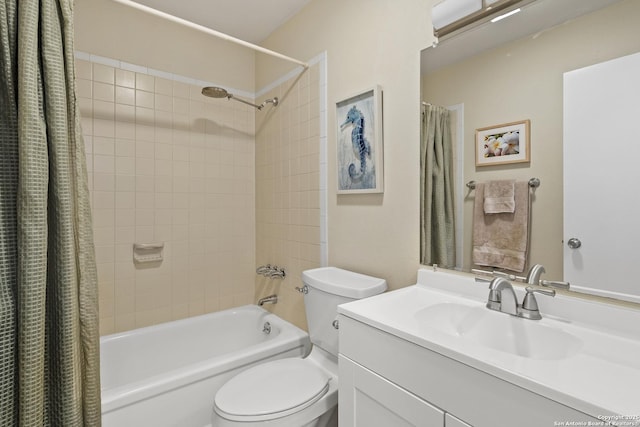 full bathroom with toilet, vanity, and shower / tub combo with curtain