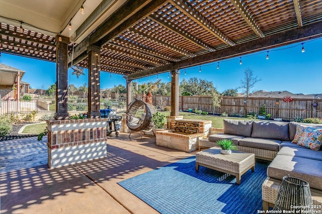 view of patio / terrace featuring a pergola and an outdoor hangout area