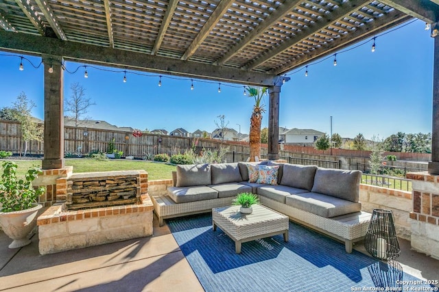 view of patio / terrace featuring an outdoor living space and a pergola