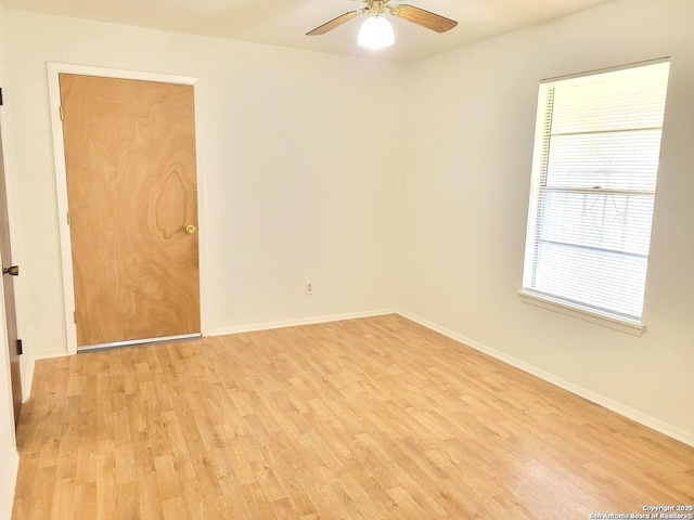 empty room with ceiling fan and light hardwood / wood-style flooring