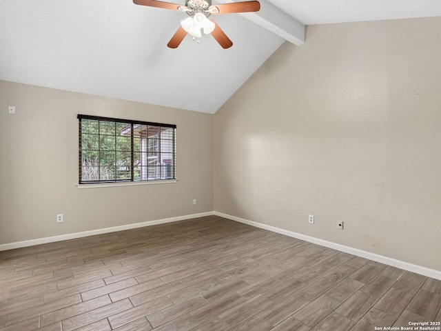 empty room featuring light wood-type flooring, lofted ceiling with beams, and ceiling fan