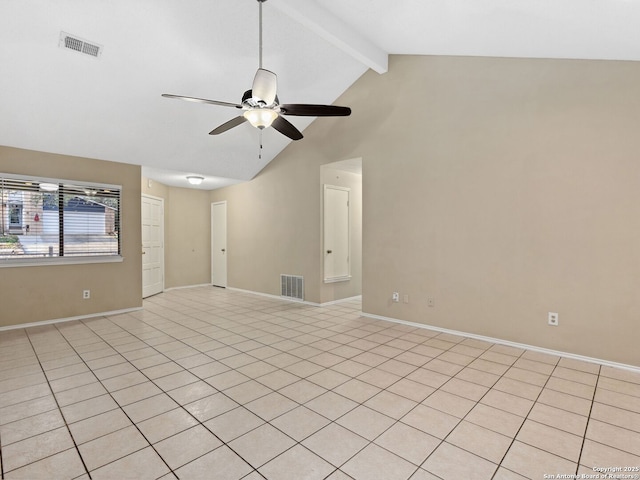 unfurnished room with vaulted ceiling with beams, light tile patterned flooring, and ceiling fan