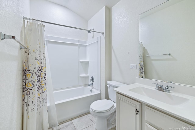 full bathroom featuring tile patterned floors, vaulted ceiling, toilet, shower / tub combo with curtain, and vanity