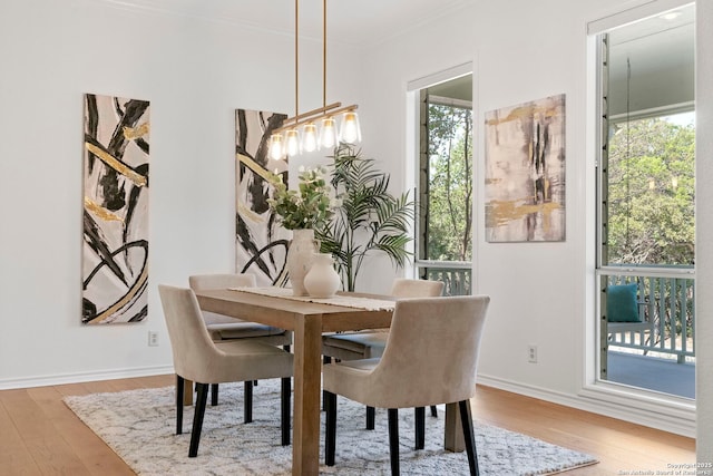 dining space featuring wood-type flooring and crown molding