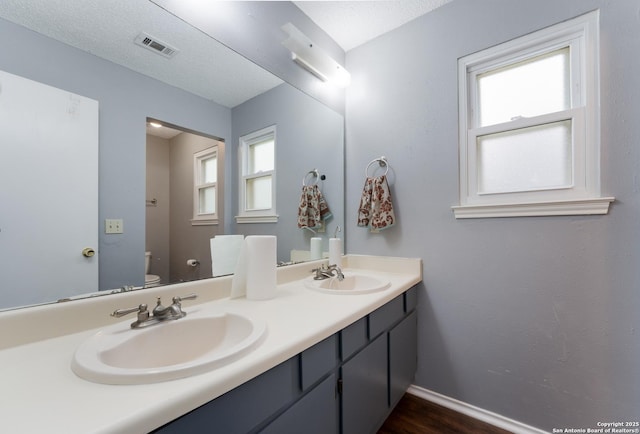 bathroom with vanity, toilet, and a textured ceiling