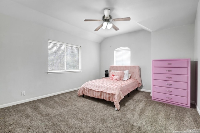 bedroom featuring carpet, ceiling fan, and vaulted ceiling