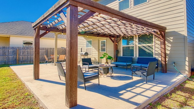 view of patio featuring a pergola and outdoor lounge area