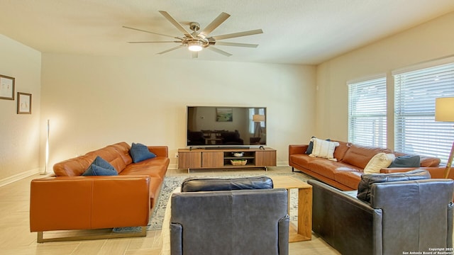 living room with ceiling fan