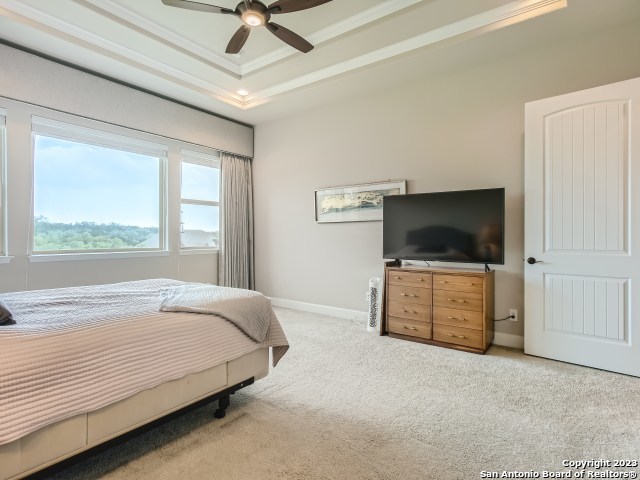 bedroom featuring carpet flooring, a raised ceiling, ceiling fan, and crown molding