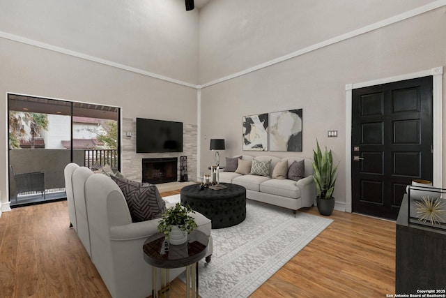 living room featuring a high ceiling, a fireplace, and light hardwood / wood-style flooring