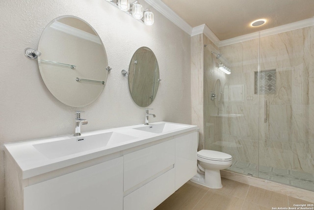 bathroom with walk in shower, crown molding, vanity, and toilet