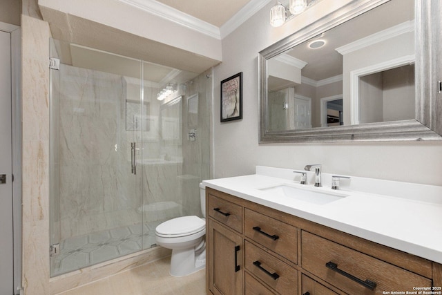 bathroom with toilet, walk in shower, tile patterned floors, crown molding, and vanity