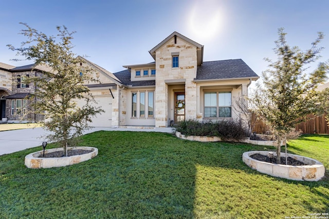 view of front facade with a front lawn and a garage