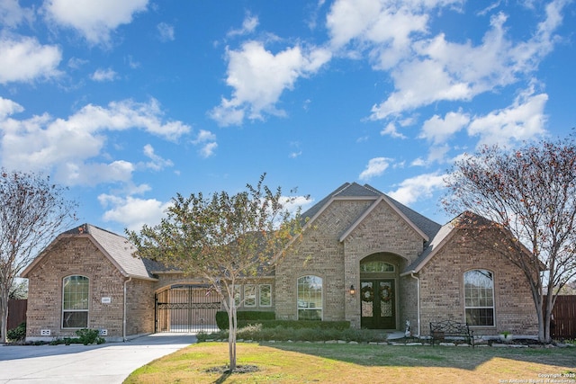 view of front of property with french doors, a garage, and a front lawn