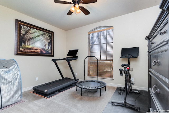 workout area with carpet flooring and ceiling fan