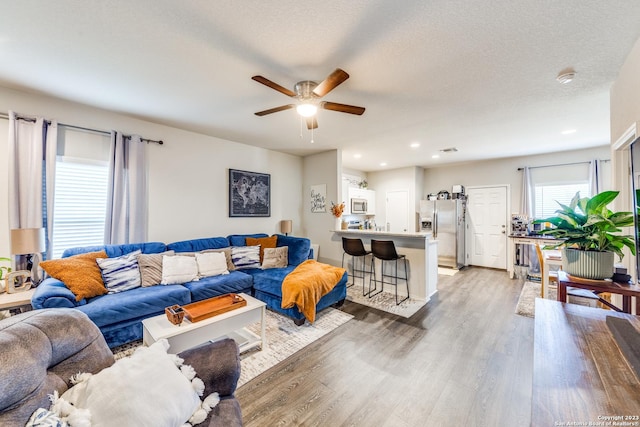 living room with hardwood / wood-style floors, ceiling fan, and a textured ceiling