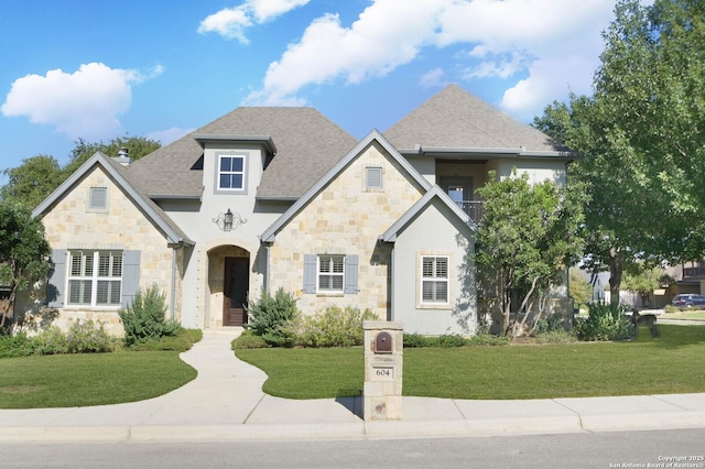 604 Hannahs Run, New Braunfels, TX 78130 - french country inspired facade with stone siding, a front lawn, and roof with shingles