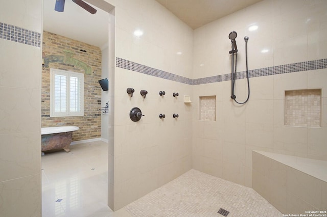 604 Hannahs Run, New Braunfels, TX 78130 - full bath with a ceiling fan, a tile shower, and tile patterned flooring