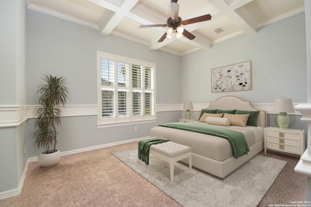 604 Hannahs Run, New Braunfels, TX 78130 - carpeted bedroom with coffered ceiling, beamed ceiling, baseboards, a ceiling fan, and crown molding