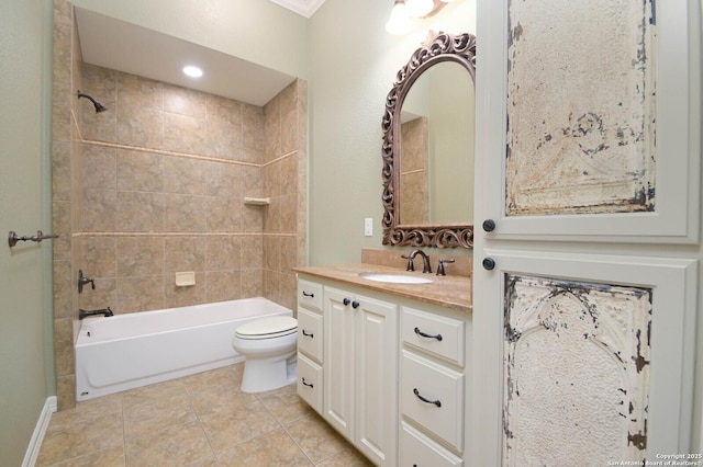 604 Hannahs Run, New Braunfels, TX 78130 - bathroom featuring toilet, vanity, shower / bathtub combination, and tile patterned floors