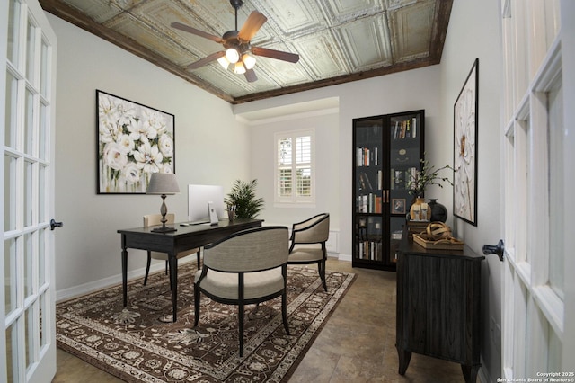 604 Hannahs Run, New Braunfels, TX 78130 - office space with ceiling fan, an ornate ceiling, and french doors
