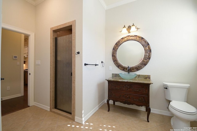 604 Hannahs Run, New Braunfels, TX 78130 - full bath featuring vanity, tile patterned floors, a shower stall, toilet, and crown molding