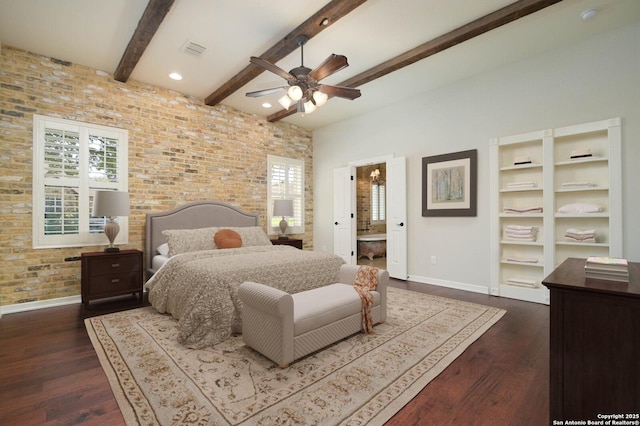 604 Hannahs Run, New Braunfels, TX 78130 - bedroom featuring baseboards, brick wall, beamed ceiling, and dark wood-style floors