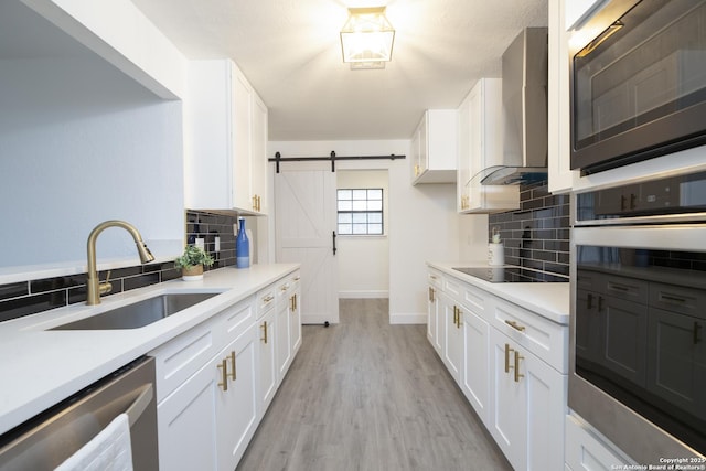 kitchen with a barn door, white cabinetry, sink, and appliances with stainless steel finishes