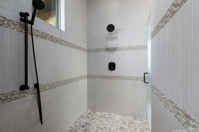 bathroom with a shower with shower door