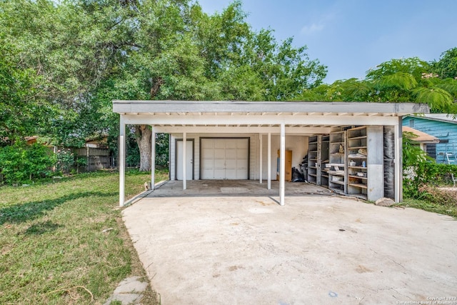 garage with a lawn