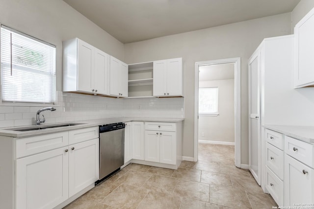 kitchen with tasteful backsplash, white cabinetry, dishwasher, and sink