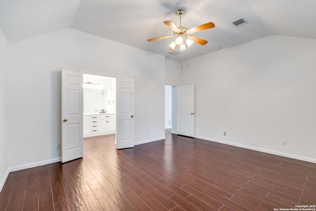 unfurnished bedroom with high vaulted ceiling and ceiling fan