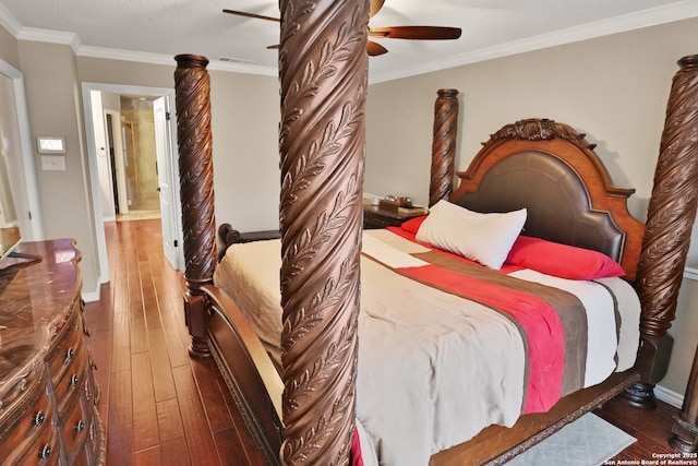 bedroom with dark wood-type flooring, ceiling fan, and ornamental molding