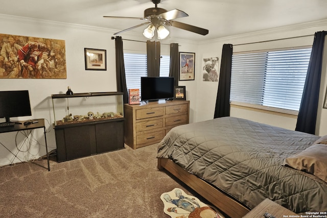 bedroom with carpet floors, ceiling fan, and ornamental molding