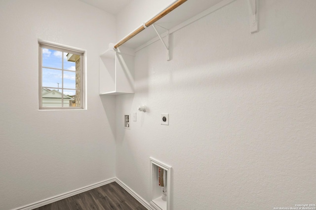 laundry area with electric dryer hookup, hookup for a gas dryer, hookup for a washing machine, and dark hardwood / wood-style floors