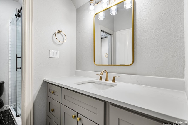 bathroom featuring vanity and a shower with door