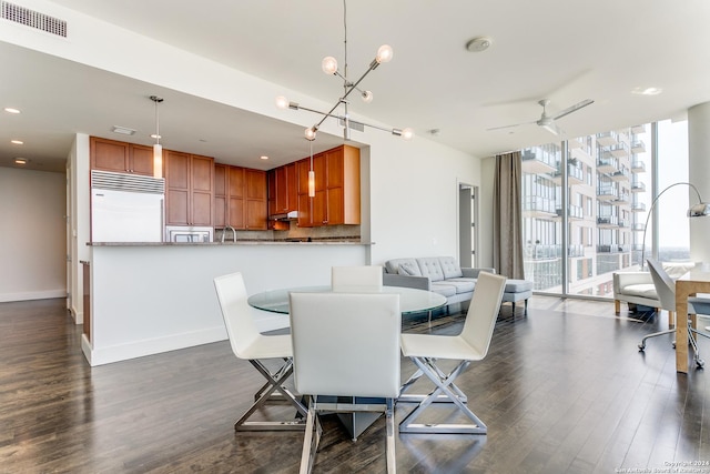 dining space featuring expansive windows, sink, dark hardwood / wood-style floors, and ceiling fan with notable chandelier