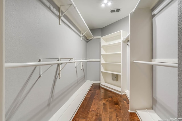 walk in closet with dark hardwood / wood-style floors