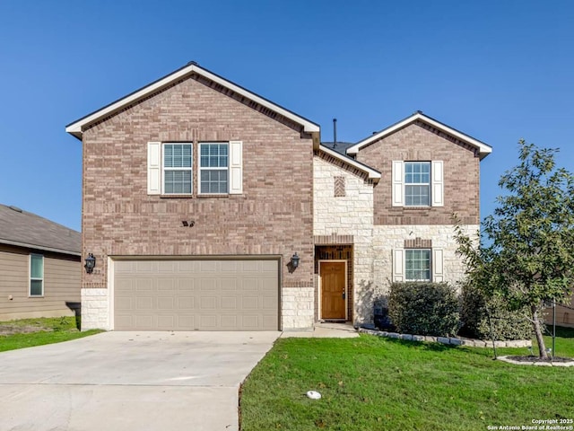 front of property with a garage and a front lawn