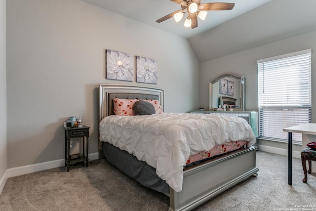 carpeted bedroom featuring ceiling fan and lofted ceiling