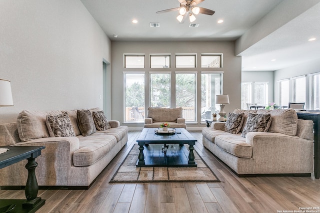 living room with hardwood / wood-style flooring and ceiling fan