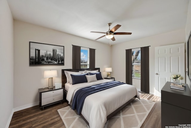 bedroom featuring ceiling fan, dark hardwood / wood-style flooring, and multiple windows