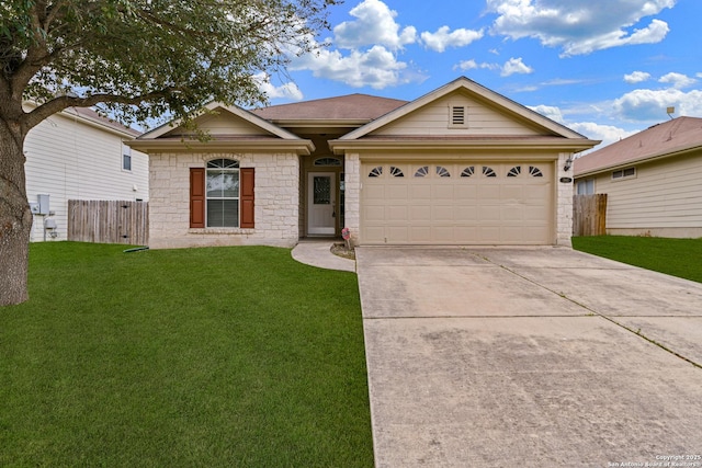 ranch-style house with a front yard and a garage